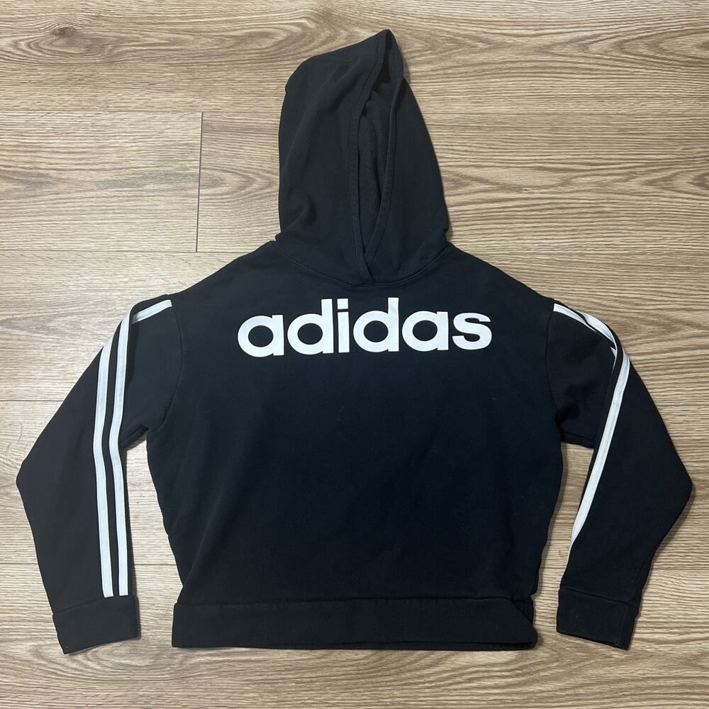 Adidas Youth Black Casual Pullover Hoodie Sweatshirt Size Large 14 (A49)